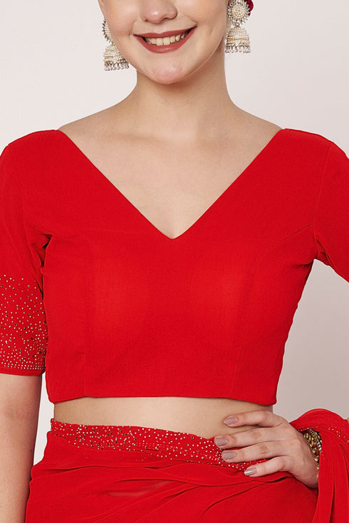 Designer Red Georgotte Saree With Siroski Border