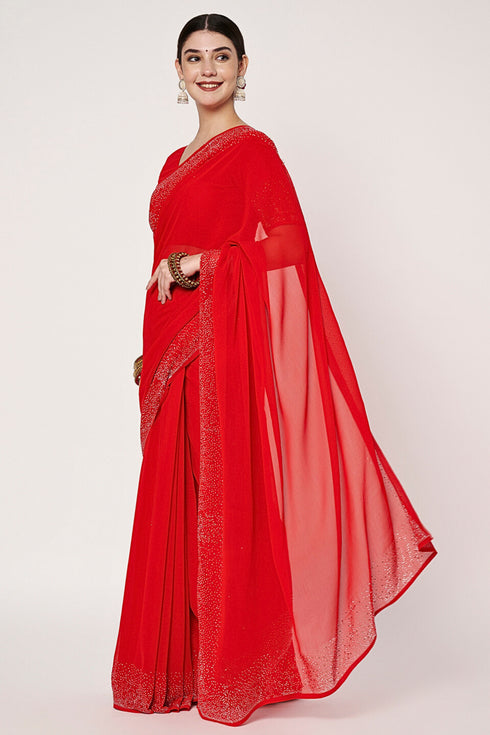 Designer Red Georgotte Saree With Siroski Border