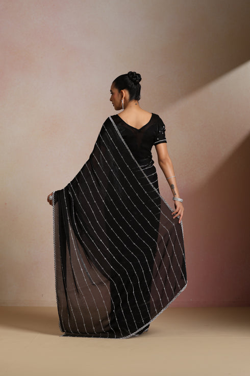Women Black Sequinned Georgette Saree with Silver Stripe Work