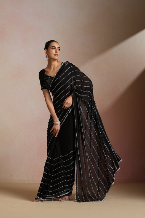 Women Black Sequinned Georgette Saree with Silver Stripe Work