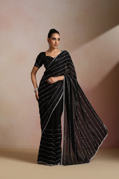 Women Black Sequinned Georgette Saree with Silver Stripe Work