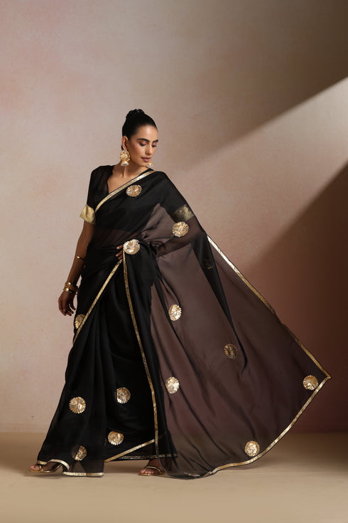 Klishaa Black Designer Chiffon Saree with Floral Embellished Motifs