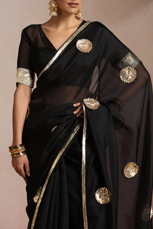 Klishaa Black Designer Chiffon Saree with Floral Embellished Motifs