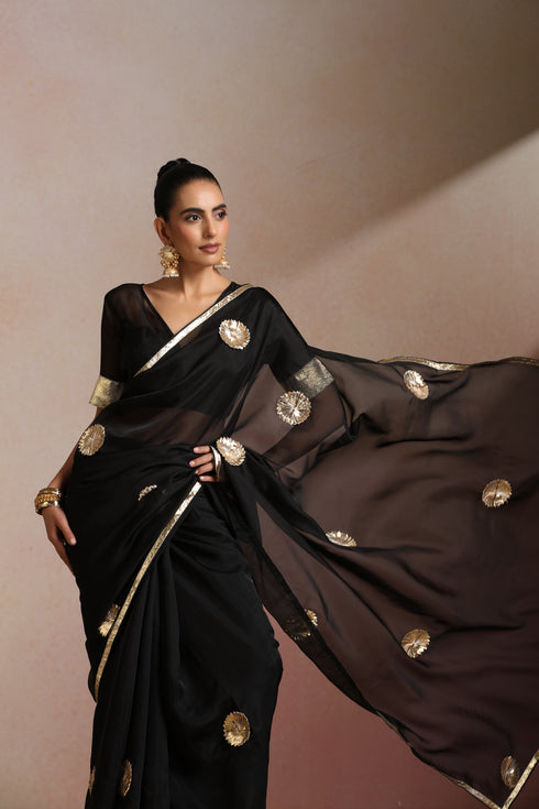 Klishaa Black Designer Chiffon Saree with Floral Embellished Motifs