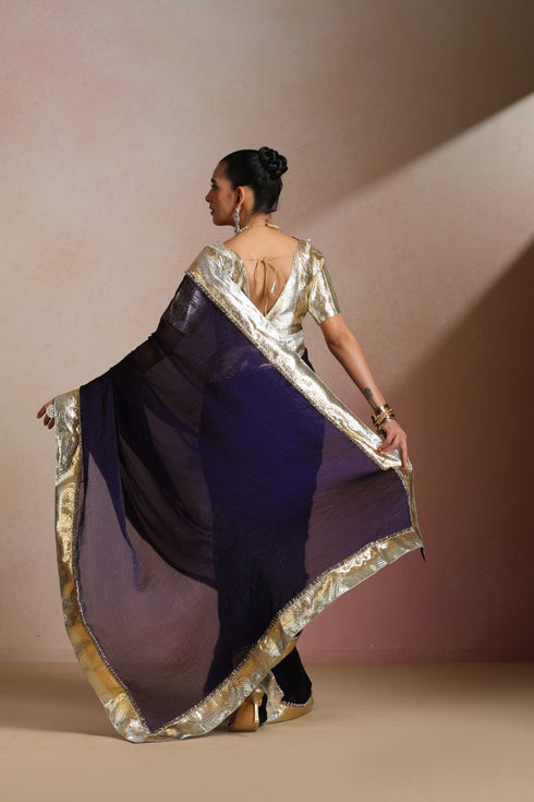 Klishaa Women Navy Blue Solid Pure Chiffon Saree with Lumpi Border