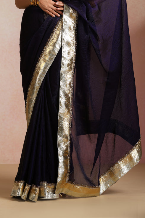 Klishaa Women Navy Blue Solid Pure Chiffon Saree with Lumpi Border