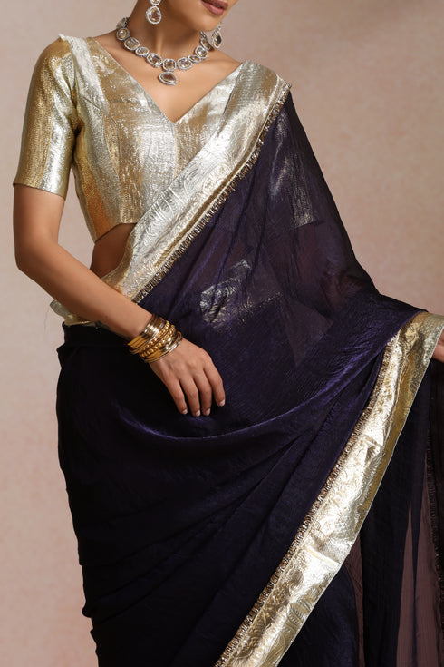 Klishaa Women Navy Blue Solid Pure Chiffon Saree with Lumpi Border