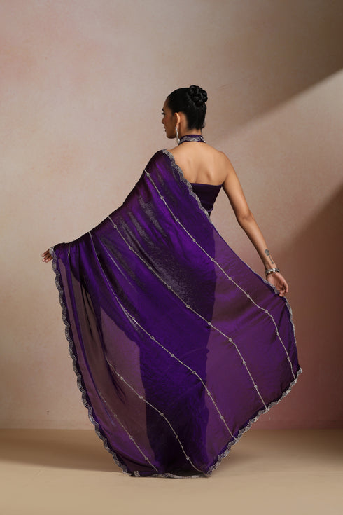 Klishaa Women Purple Party Wear Shimmer Saree with Stone Border