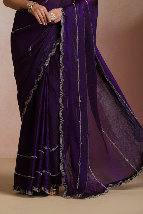 Klishaa Women Purple Party Wear Shimmer Saree with Stone Border