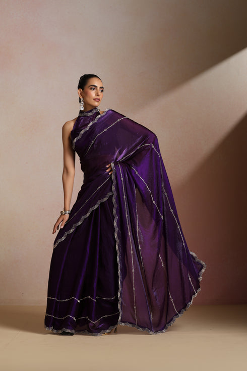 Klishaa Women Purple Party Wear Shimmer Saree with Stone Border
