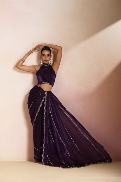 Klishaa Women Purple Party Wear Shimmer Saree with Stone Border