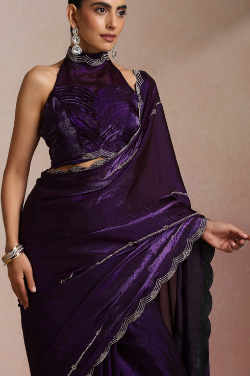 Klishaa Women Purple Party Wear Shimmer Saree with Stone Border