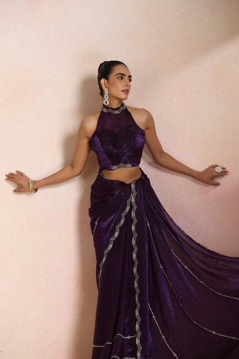 Klishaa Women Purple Party Wear Shimmer Saree with Stone Border