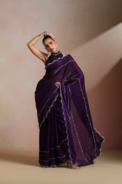 Klishaa Women Purple Party Wear Shimmer Saree with Stone Border