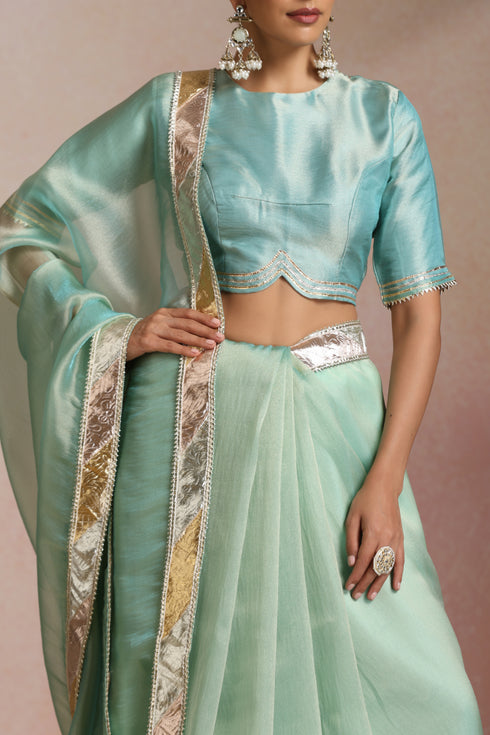Sea Green Shimmer Organza Saree with Gold Border & Crop Blouse