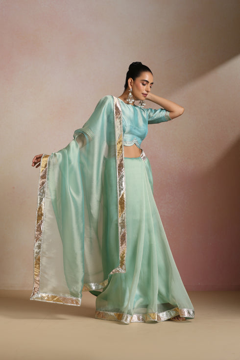 Sea Green Shimmer Organza Saree with Gold Border & Crop Blouse