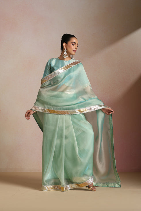 Sea Green Shimmer Organza Saree with Gold Border & Crop Blouse