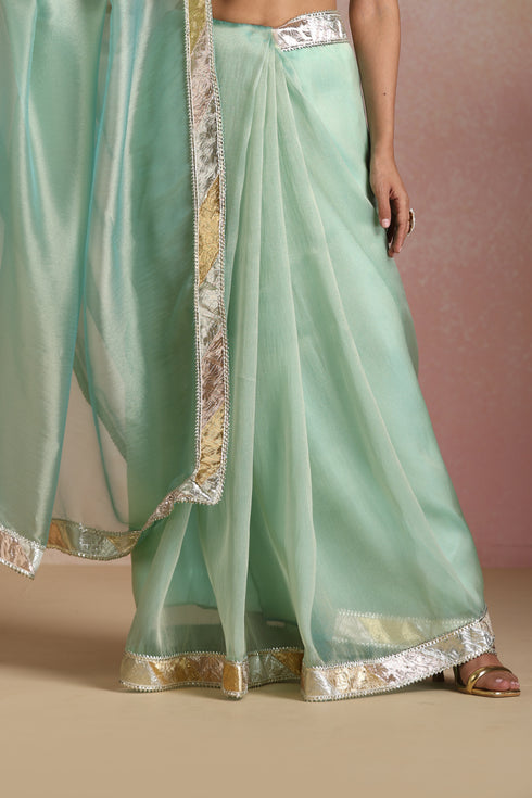 Sea Green Shimmer Organza Saree with Gold Border & Crop Blouse