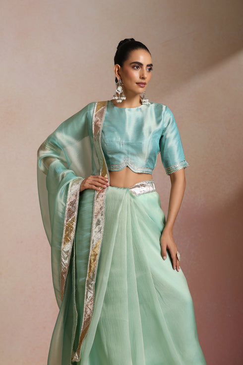 Sea Green Shimmer Organza Saree with Gold Border & Crop Blouse