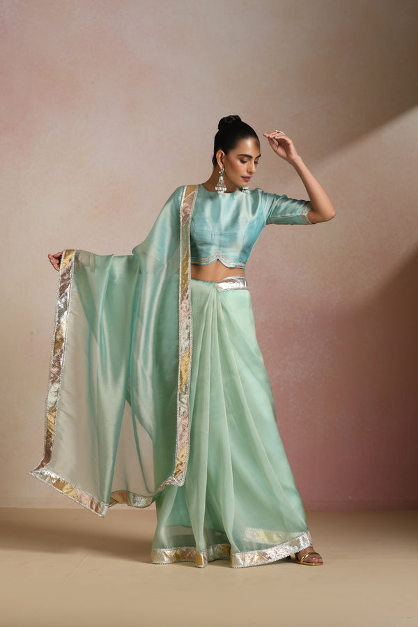Sea Green Shimmer Organza Saree with Gold Border & Crop Blouse