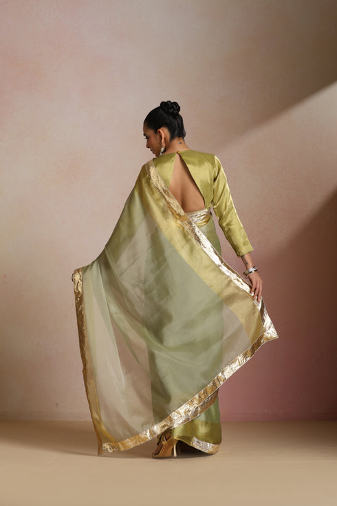 Olive Green Organza Silk Saree with Gold Zari Border & Blouse