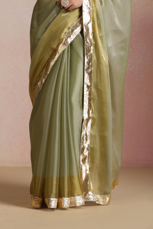 Olive Green Organza Silk Saree with Gold Zari Border & Blouse