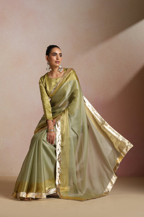 Olive Green Organza Silk Saree with Gold Zari Border & Blouse