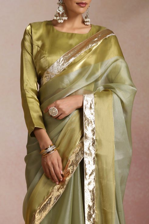 Olive Green Organza Silk Saree with Gold Zari Border & Blouse