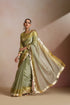 Olive Green Organza Silk Saree with Gold Zari Border & Blouse