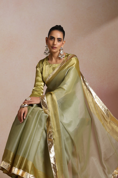 Olive Green Organza Silk Saree with Gold Zari Border & Blouse