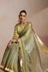 Olive Green Organza Silk Saree with Gold Zari Border & Blouse