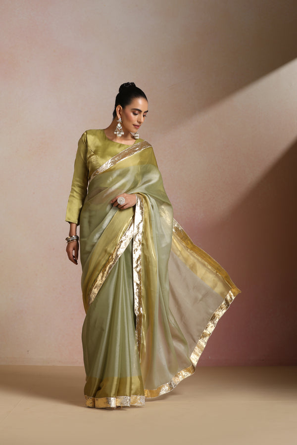 Olive Green Organza Silk Saree with Gold Zari Border & Blouse