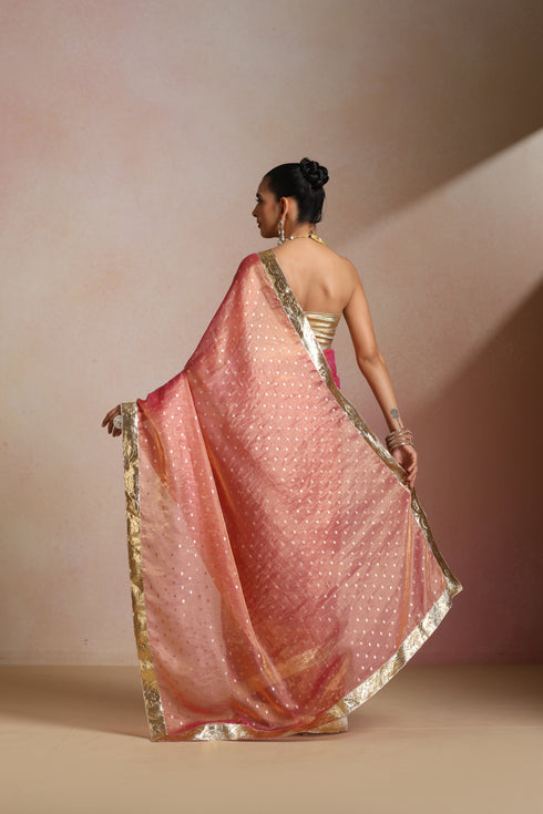 Peach Pink Silk Saree with Gold Zari Border & Sequin Booti