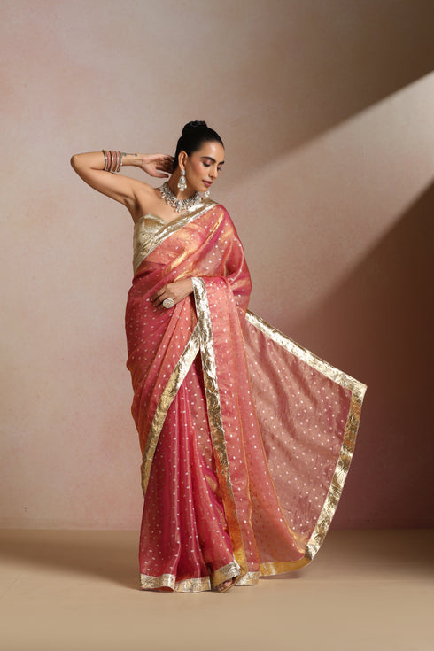 Peach Pink Silk Saree with Gold Zari Border & Sequin Booti