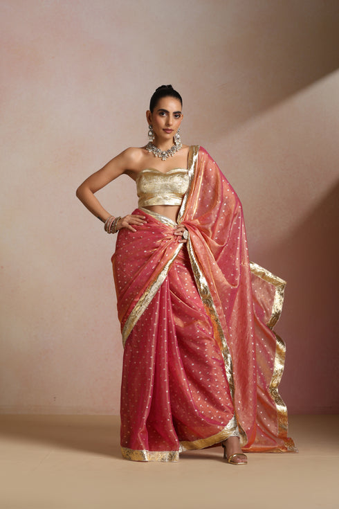 Peach Pink Silk Saree with Gold Zari Border & Sequin Booti