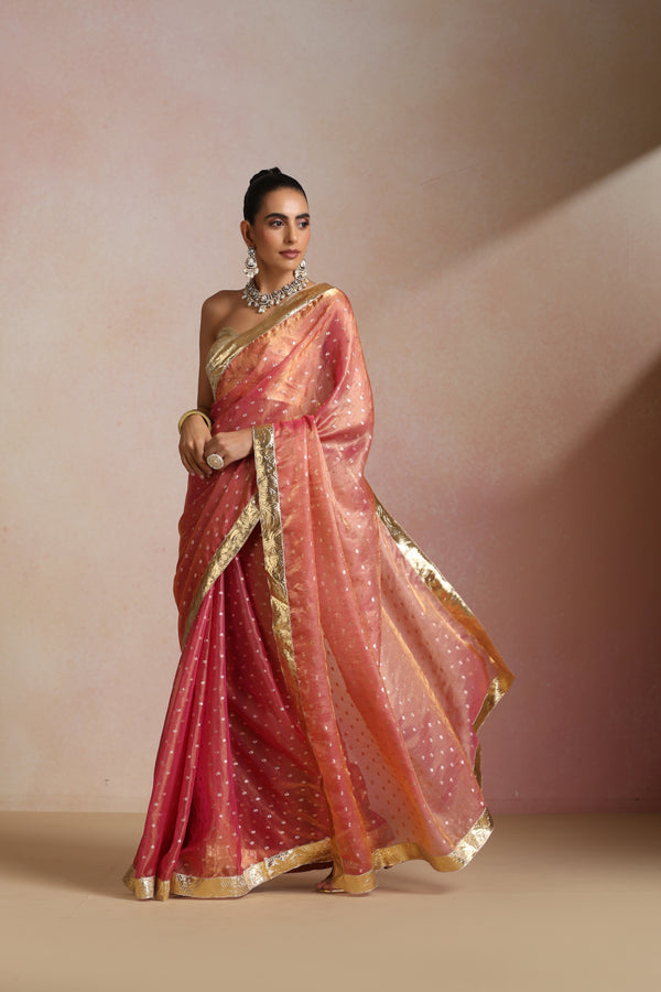 Peach Pink Silk Saree with Gold Zari Border & Sequin Booti