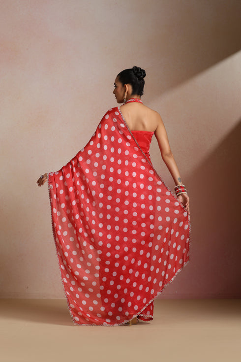Red Silk Polka Dot Saree with Sequin Border & Halter Blouse