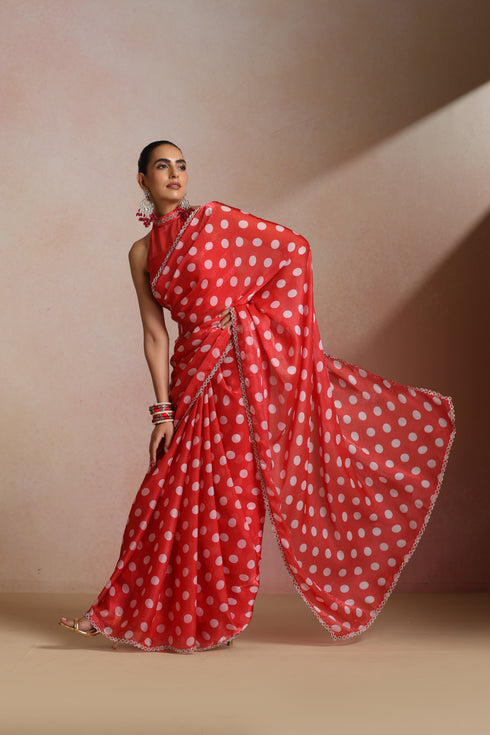 Red Silk Polka Dot Saree with Sequin Border & Halter Blouse