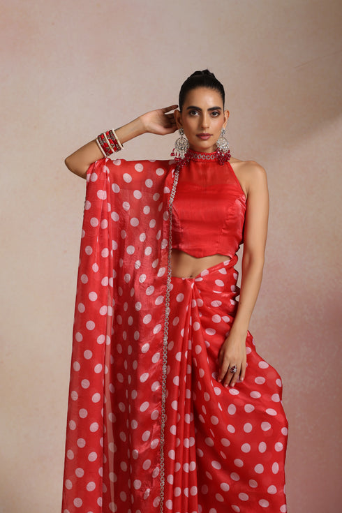 Red Silk Polka Dot Saree with Sequin Border & Halter Blouse