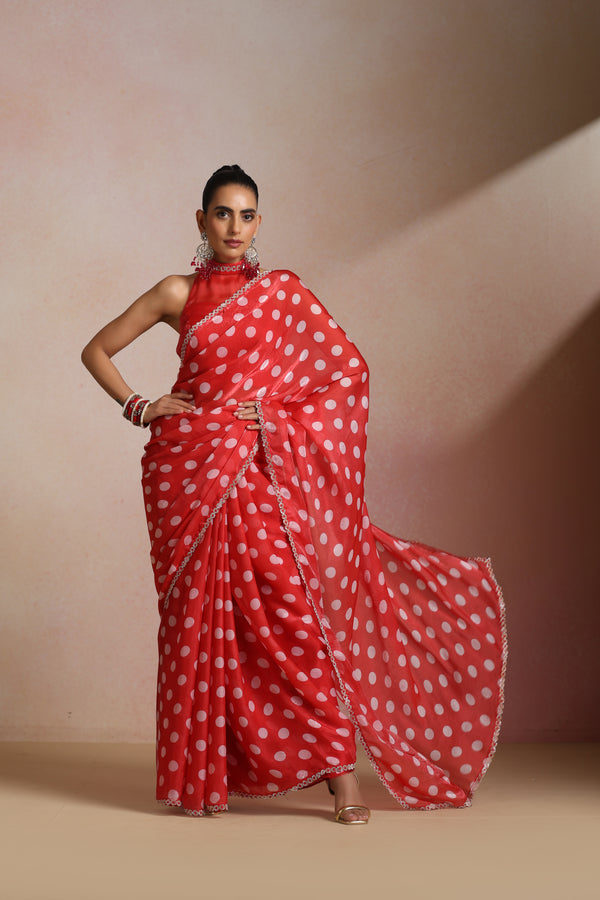 Red Silk Polka Dot Saree with Sequin Border & Halter Blouse