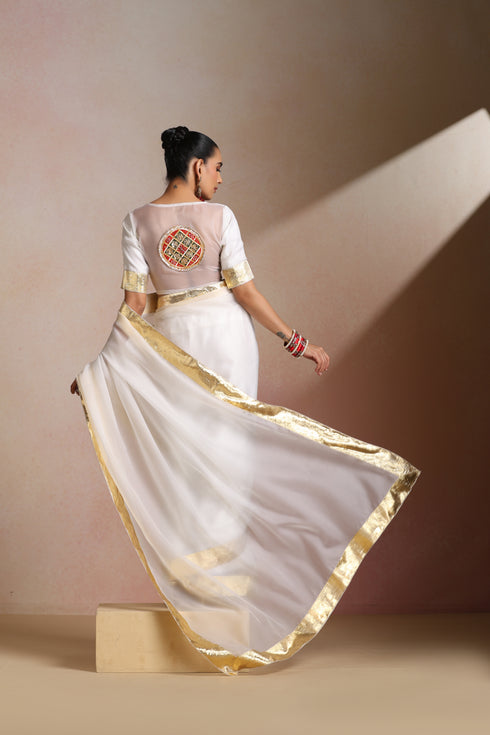 White Organza Silk Saree with Wide Gold Kasavu Border & Blouse