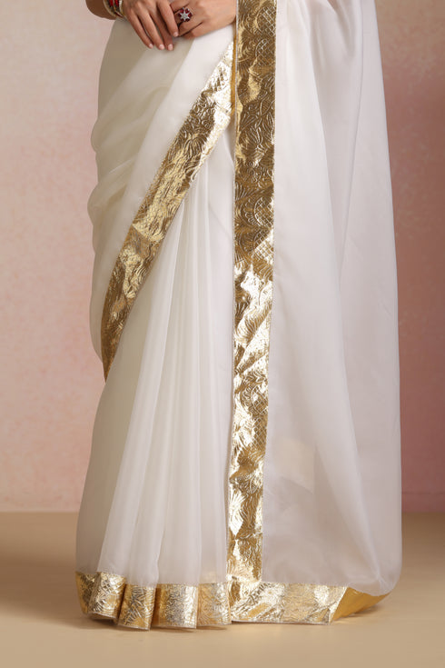 White Organza Silk Saree with Wide Gold Kasavu Border & Blouse