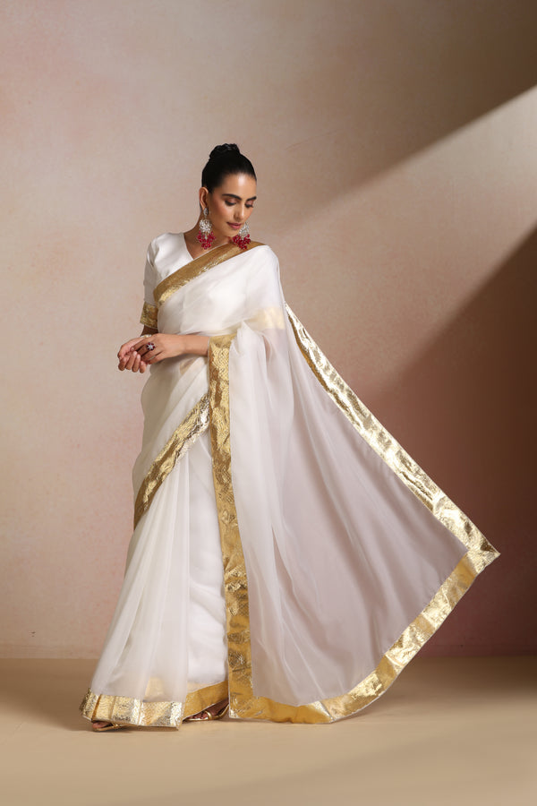 White Organza Silk Saree with Wide Gold Kasavu Border & Blouse