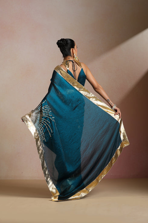 Teal Blue Organza Saree with Gold Lampi Work