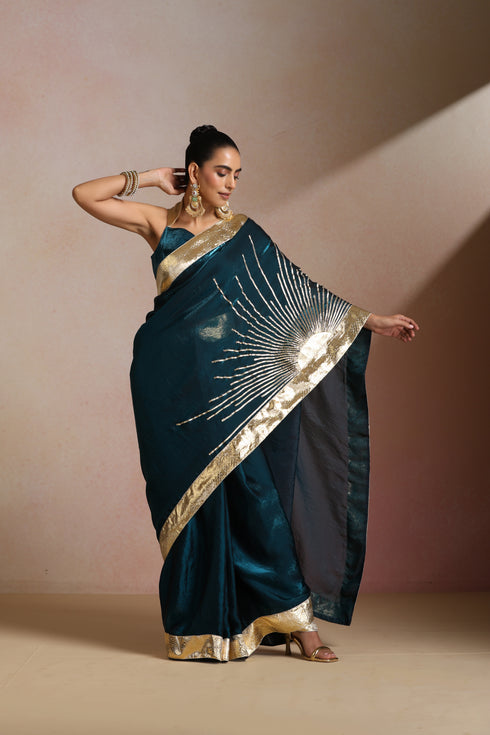 Teal Blue Organza Saree with Gold Lampi Work