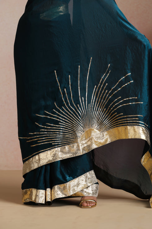 Teal Blue Organza Saree with Gold Lampi Work