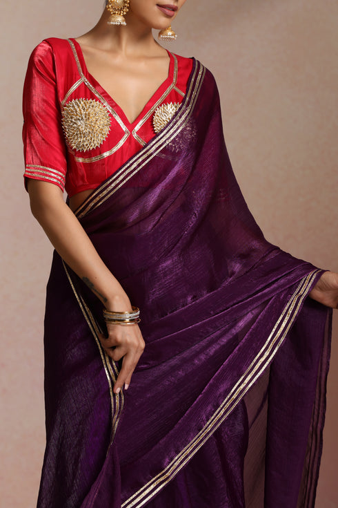 Purple Ombre Shimmer Saree with Gold Border (Saree Only)
