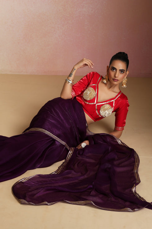 Purple Ombre Shimmer Saree with Gold Border (Saree Only)