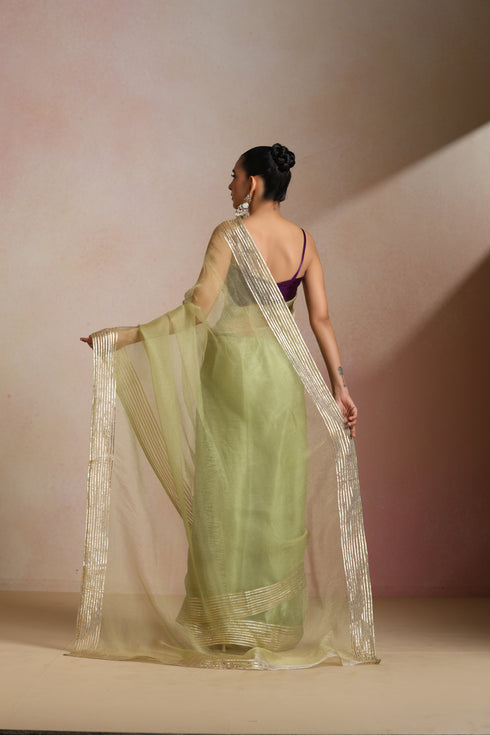 Light Green Organza Saree with Gold Striped Border (Saree Only)