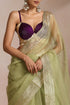 Light Green Organza Saree with Gold Striped Border (Saree Only)
